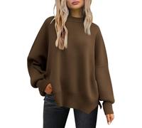 LILLUSORY Women Fall Crewneck Batwing Long Sleeve Sweater Oversized Ribbed Knit Side Slit Pullover Top, Light Coffee, L