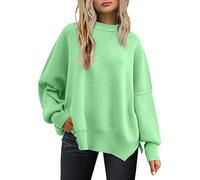 LILLUSORY Women Long Sleeve Batwing Autumn Round Neck Oversized Ribbed Knitted Pullover with Side Slit, light green, L