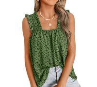 LILLUSORY Women Summer Wide Strap Square Neck Cute Flowy Tank Top Sleeveless Ruffle Loose Fit Boho Blouse 2026 Beach Vacation, Armygreen Floral, XXL