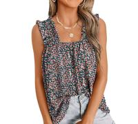 LILLUSORY Women Summer Wide Strap Square Neck Cute Flowy Tank Top Sleeveless Ruffle Loose Fit Boho Blouse 2026 Beach Vacation, Teal Green Flora, XXL