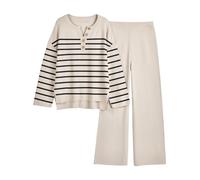 LILLUSORY Women's 2 Piece Trendy Outfits Oversized Slouchy Matching Sets Cozy Knit Sweatsuit Sets, Stripes Apricot, M