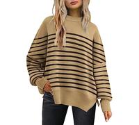 LILLUSORY Women's Crewneck Batwing Long Sleeve Sweater 2023 Fall Oversized Ribbed Knit Side Slit Pullover Top, Stripe Khaki, L