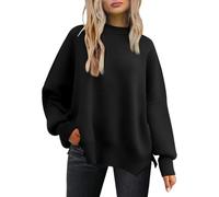 LILLUSORY Women's Crewneck Batwing Long Sleeve Sweater 2023 Fall Oversized Ribbed Knit Side Slit Pullover Top, Black, XS