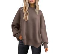 LILLUSORY Women's Crewneck Batwing Long Sleeve Sweater 2023 Fall Oversized Ribbed Knit Side Slit Pullover Top, Nutmeg, M