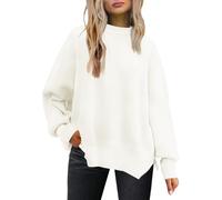 LILLUSORY Women's Crewneck Batwing Long Sleeve Sweater 2023 Fall Oversized Ribbed Knit Side Slit Pullover Top, White, L