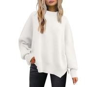 LILLUSORY Women's Crewneck Batwing Long Sleeve Sweaters 2024 Fall Oversized Ribbed Knit Side Slit Pullover Tops, White, Small