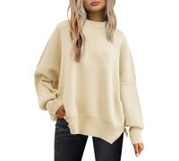 LILLUSORY Women's Crewneck Batwing Long Sleeve Sweaters 2024 Fall Oversized Ribbed Knit Side Slit Pullover Tops, Apricot, M