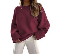 LILLUSORY Women's Crewneck Oversized Sweaters Fuzzy Knit Chunky Warm Pullover Sweater Top, Red, M