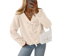 LILLUSORY Womens Cropped Cardigan Sweater Chunky Knit Tie Front Bow Fall Top V Neck Outfits Cute Cozy Clothes 2025 Trendy, Apricot, Large