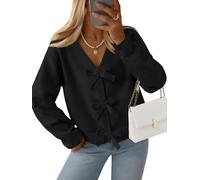 LILLUSORY Womens Cropped Cardigan Sweater Chunky Knit Tie Front Bow Fall Top V Neck Outfits Cute Cozy Clothes 2025 Trendy, Black, Large