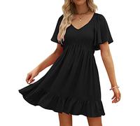 LILLUSORY Women's Flowy Casual Mini Dresses 2023 Summer Smocked V Neck Flutter Sleeve Ruffle Dress, Black, M