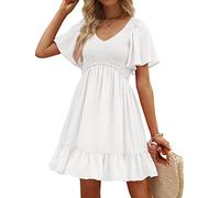 LILLUSORY Women's Flowy Casual Mini Dresses 2024 Summer Smocked V Neck Flutter Sleeve Graduation Dress with Pockets, White, S