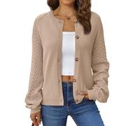 LILLUSORY Womens Hollowed-Out Crochet Cardigan Sweaters Soft Knit Lightweight Slightly Cropped Sweater, Light Tan, XL