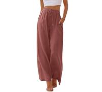 LILLUSORY Women's Linen Summer Palazzo Pants Flowy Wide Leg Beach Pants with Pockets, Brick Red, M