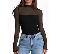 LILLUSORY Womens Long Sleeve Mesh Tops Mock Neck See Through Lace Shirts Sheer Going Out Sexy 2025 Fall Fashion Outfits, Black, L