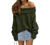 LILLUSORY Womens Off The Shoulder Sweater Oversized Batwing Sleeve Loose Pullover Sweaters Tops, Army Green, Small