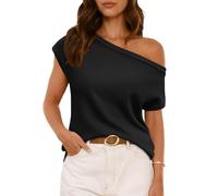 LILLUSORY Womens Off The Shoulder Sweaters Casual Short Sleeve Knit Tops Trendy Summer Going Out Lightweight Pullover, Black, L