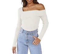 LILLUSORY Womens Off The Shoulder Sweaters Going Out Fall Sexy Knit Pullover Lightweight Asymmetrical Tops Clothes 2025, White, L