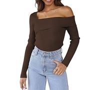 LILLUSORY Womens Off The Shoulder Sweaters Going Out Fall Sexy Knit Pullover Lightweight Asymmetrical Tops Clothes 2025, Coffee, M