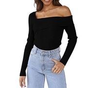 LILLUSORY Womens Off The Shoulder Sweaters Going Out Fall Sexy Knit Pullover Lightweight Asymmetrical Tops Clothes 2025, Black, M