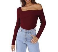 LILLUSORY Womens Off The Shoulder Sweaters Going Out Fall Sexy Knit Pullover Lightweight Asymmetrical Tops Clothes 2025, Wine Red, M
