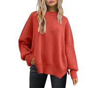 LILLUSORY Women's Oversized Batwing Sweaters 2026 Fall Outfits Trendy Crewneck Knit Side Slit Fashion Pullover Tops, Watermelon Red, Large