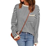 LILLUSORY Womens Striped Soft Knit Pullover Sweater Loose Fit Shirts with Chest Pocket, Apricot-striped Grey, S