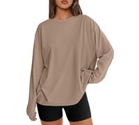 LILLUSORY Womens Tops Oversized Long Sleeve T Shirts UK Capsule Wardrobe Fashion Basic Casual Tshirts Plus Size Loose Fit Plain Gym Clothes Khaki XL