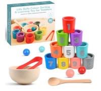 Lilly Belly Montessori Toys for 3 Year Olds - Wooden Ball and Cup Game with Color Sorting Cups, 10 Balls, Spoon & Tong for Hand Grip and Motor Skills - Early Education Learning Toys for Kids Ages 3+