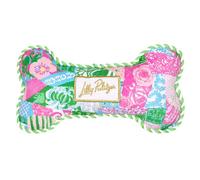 Lilly Pulitzer Dog Chew Toy, Bone Shaped Soft Plush with Fiber Fill, Double-Stitched Durability, Two-Way Squeaker, Embroidered Logo (Crazy Quilt Home)