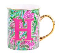Lilly Pulitzer Initial Ceramic Coffee Mug, 14 Oz Tea Cup, Cute Mug with Gold Handle and Gift Box, H (Coming In Hot)