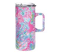 Lilly Pulitzer Insulated Coffee Mug with Handle, 16 Ounce Pink Stainless Steel Travel Cup with Lid, Seaing Things