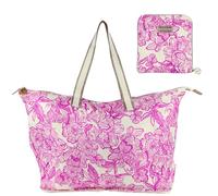 Lilly Pulitzer Large Packable Tote, Reusable Grocery Bag that Packs Into Itself, Tote with Shoulder Strap and Zipper, Unforgettable Pink, Packable Tote