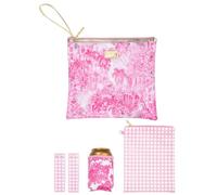 Lilly Pulitzer Water Resistant Vinyl Beach Day Pouch, Zipper Bag Includes Drink Hugger, Small Pouch, and Towel Clips (Palm Beach Toile)