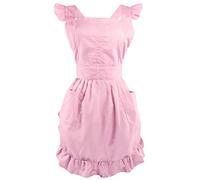LilMents Retro Adjustable Ruffle Apron with Pockets, Small to Plus Size Ladies (Pink)