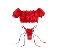 Lilosy Sexy Stretch Ruffle Tie Sheer Mesh Lingerie Set Outfits, Chiffon Red, Medium