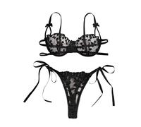 Lilosy Sexy Tie Side Cute Underwire Push Up Strappy Embroidered Mesh Sheer Lingerie Set, Bow Black, XXXL