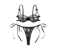 Lilosy Sexy Tie Side Cute Underwire Push Up Strappy Embroidered Mesh Sheer Lingerie Set, Bow Pattern Black, Medium