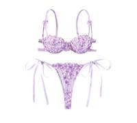 Lilosy Sexy Tie Side Cute Underwire Push Up Strappy Embroidered Mesh Sheer Lingerie Set, Bow Plant Lavender Purple, Medium