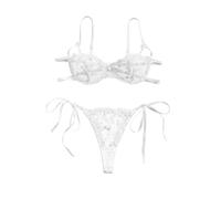 Lilosy Sexy Tie Side Cute Underwire Push Up Strappy Embroidered Mesh Sheer Lingerie Set, Bow White, XXX-Small