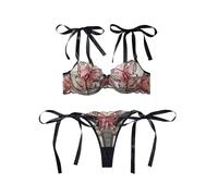 Lilosy Sexy Tie Side Embroidered Underwire Push Up Cute Strappy Mesh Sheer Bachelorette Lingerie Set, Butterfly Black, XXS