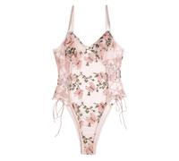 Lilosy Women Sexy Lace Up Floral Embroidered Teddy Lingerie Bodysuit Top Mesh Sheer One Piece, Butterfly Pink, Small