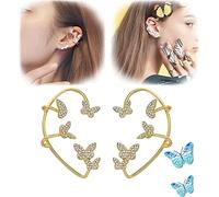 LILOVE Zircon Butterfly Earring, Cute Butterfly Ear Clip, Adjustable Ear Cuff Earrings for Women, No Piercing Ear Clip (Gold), Full