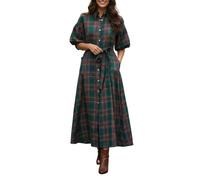 LILTWIST Christmas Green Plaid Maxi Dress for Women Flowy Puff Short Sleeve Button Down Ruffle Collared Shirt Long Dress with Belts and Pocket Party Cocktail A Line Checkered Dresses