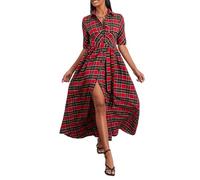 LILTWIST Christmas Red Plaid Maxi Dress for Women Flowy Puff Short Sleeve Button Down Ruffle Collared Shirt Long Dress with Belts Party Cocktail A Line Checkered Dresses