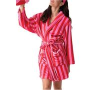 LILTWIST Red Christmas Graphic Plush Soft Robe For Women Vintage Striped Long Sleeve Tie Up V Neck Fuzzy Fluffy Bathrobe With Belt Pocket Santa Comfy Holiday Nightwears