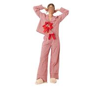 LILTWIST Women Christmas Red Gingham Pajama Set Bow Tie Front 2 Piece Button Down Long Sleeve Babydoll Shirts And Wide Leg Pants Pjs Set Cute Plaid Ruffle Xmas Sleepwears