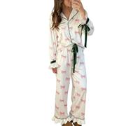 LILTWIST Women Christmas White Bow Ruffle Pajama Set 2 Piece Tie Front Button Down Long Sleeve Babydoll Shirts And Wide Leg Pants Pjs Set Cute Ruffle Xmas Sleepwears