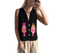LILTWIST Women Sequin Christmas Sweater Vests Black Funny Santa Nutcracker Embroidered Button Down Cropped Holiday Knitted Tops Short Sleeve Crew Neck Ugly Xmas Pullover Vest Tops