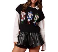 LILTWIST Women Sequin Christmas Sweater Vests Black Funny Santa Nutcracker Embroidered Button Down Cropped Holiday Knitted Tops Short Sleeve Crew Neck Ugly Xmas Pullover Vest Tops